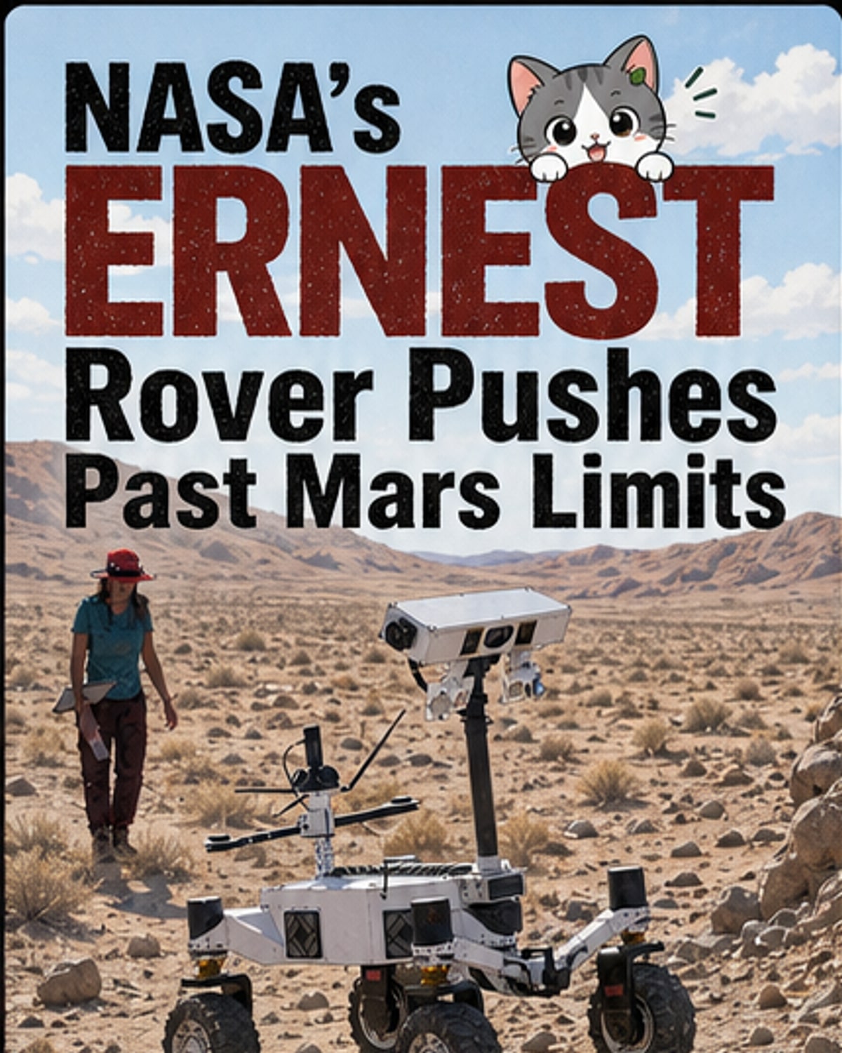 A small, four-wheeled robotic rover with wire mesh wheels navigating a rocky desert landscape under a clear sky, simulating lunar or Martian terrain.