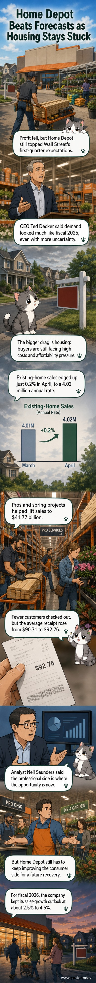 Illustration of a Home Depot store with shopping carts, tools, and seasonal garden supplies, symbolizing spring home improvement demand amid economic uncertainty.