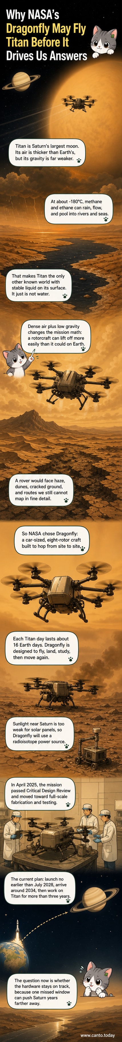 An artist's rendering of NASA's Dragonfly rotorcraft flying over Titan's methane lakes under a hazy orange sky.