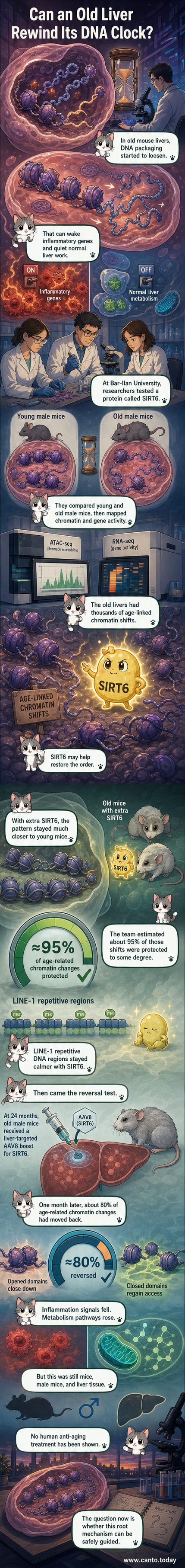 Illustration of a mouse liver cell showing DNA chromatin structure becoming disorganized with age, then restored by SIRT6 protein activity.