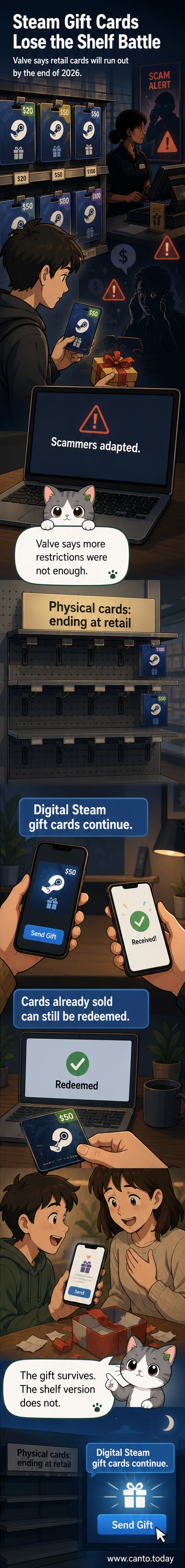 A stack of physical Steam gift cards being removed from a store shelf, with a digital card glowing in the background.
