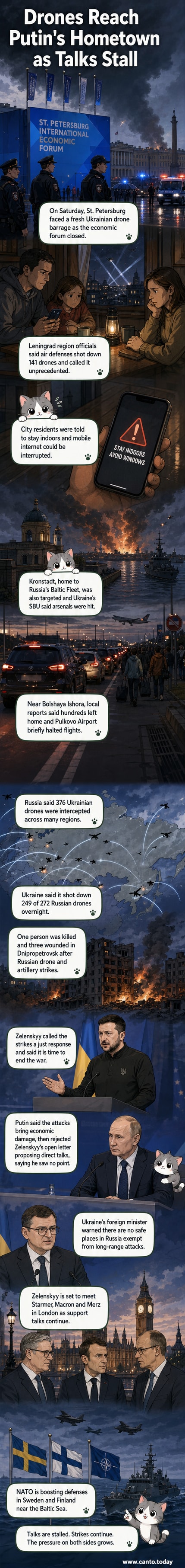 A nighttime illustration showing drones flying toward St. Petersburg’s skyline, with explosions near a naval base and airport, while civilians receive emergency alerts on phones.