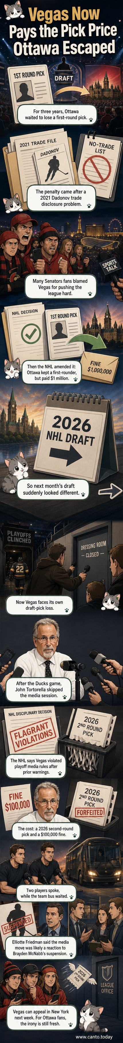A split-panel comic showing Ottawa Senators fans laughing on one side and a frustrated John Tortorella turning away from reporters on the other, with draft pick symbols fading from the Vegas side.