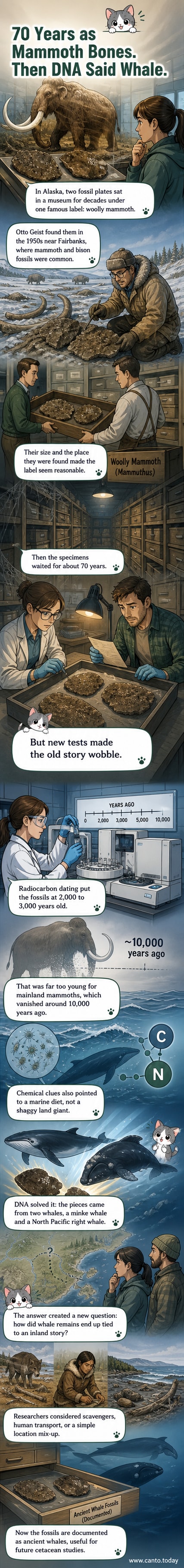 Illustration showing a woolly mammoth skeleton next to a whale skeleton, with a red 'X' over the mammoth label and a question mark pointing to the bones.