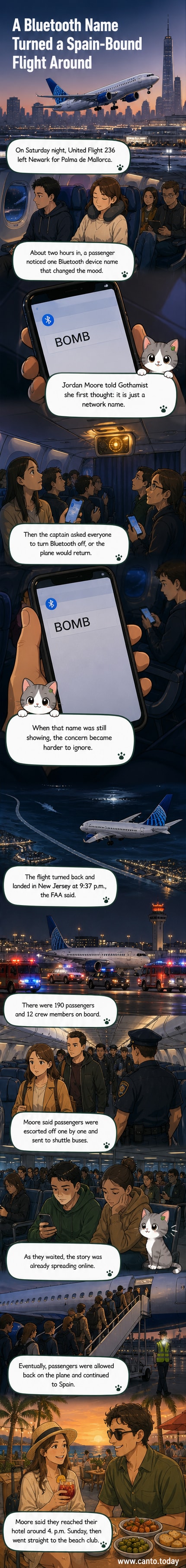 Illustration of an airplane turning back over the Atlantic Ocean, with a smartphone screen showing a Bluetooth device named 'BOMB' in the list of available connections.