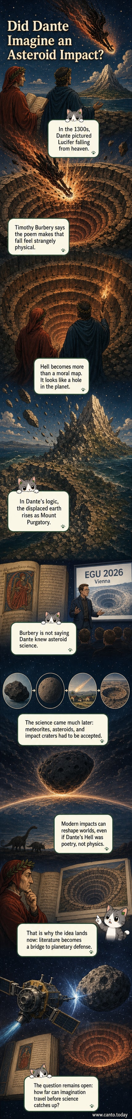 An illustrated scene showing Satan falling from the heavens into Earth, carving a terraced crater that becomes Hell, with displaced rock forming a distant mountain—visualizing Dante’s impact vision.