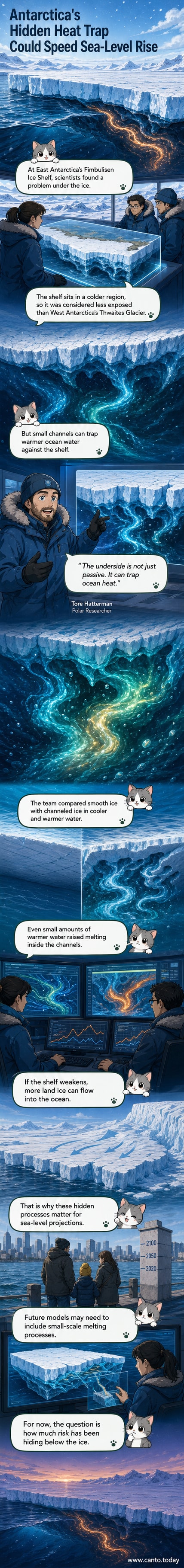 Illustration showing hidden channels beneath an Antarctic ice shelf trapping warm ocean water, accelerating melting from below.