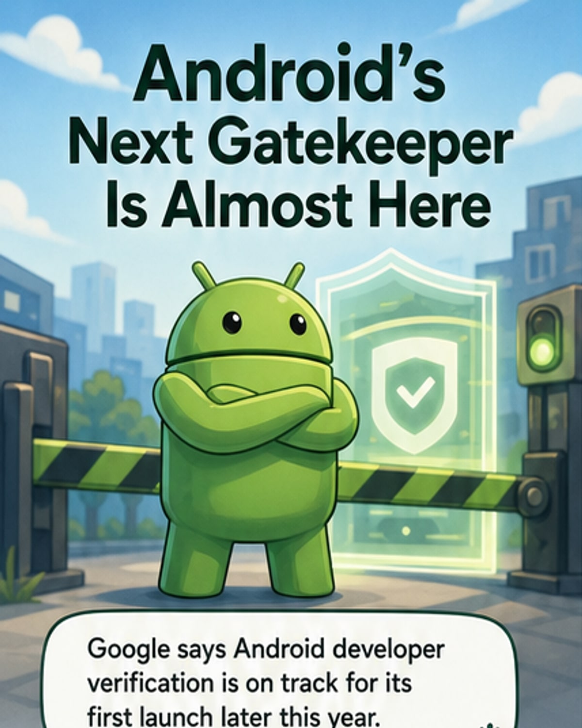 Illustration of a shield verifying an Android app on a smartphone screen, with developer badges and app stores listed in the background.
