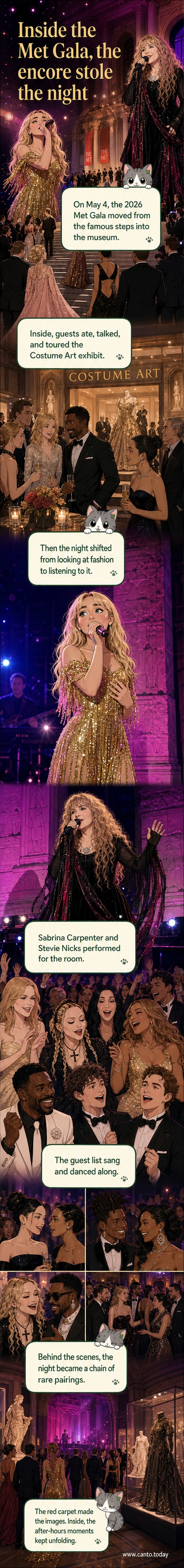 A vibrant collage of Met Gala 2026 moments: Sabrina Carpenter and Stevie Nicks performing on stage, celebrities on the red carpet, and guests viewing the Costume Art exhibit inside the museum.