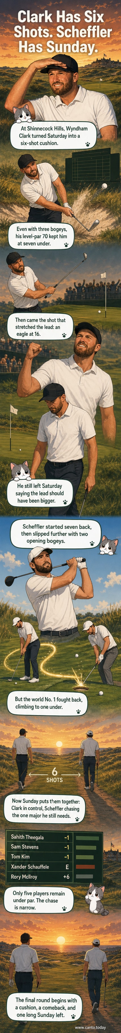 Illustrated scene of Wyndham Clark putting on a sunlit green at Shinnecock Hills, with Scottie Scheffler watching from the background and a leaderboard showing a six-shot lead.