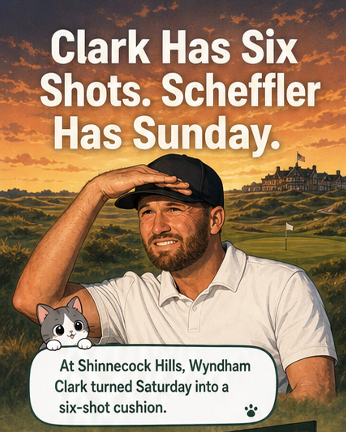 Illustrated scene of Wyndham Clark putting on a sunlit green at Shinnecock Hills, with Scottie Scheffler watching from the background and a leaderboard showing a six-shot lead.