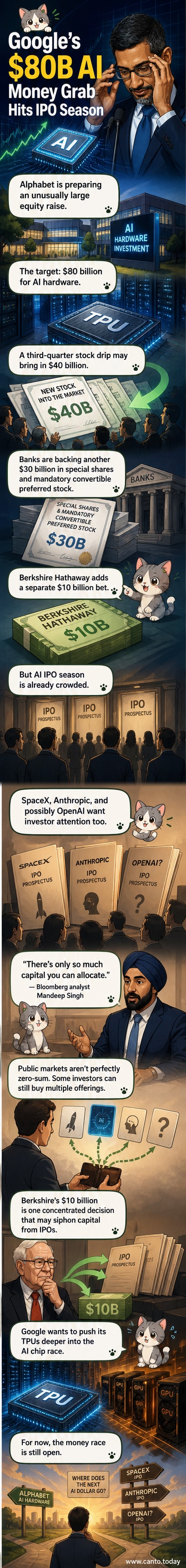 Illustration of a glowing Google logo injecting cash into a futuristic AI chip, with stock market graphs and competing company logos in the background.