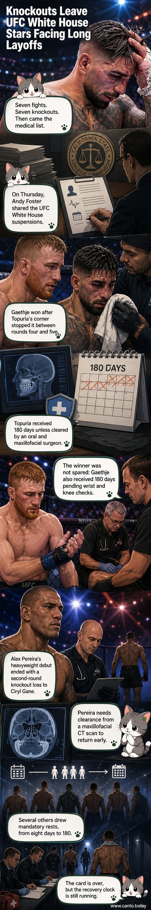 Illustrated panel showing UFC fighters Ilia Topuria, Alex Pereira, and Justin Gaethje with medical suspension timelines after the White House event.