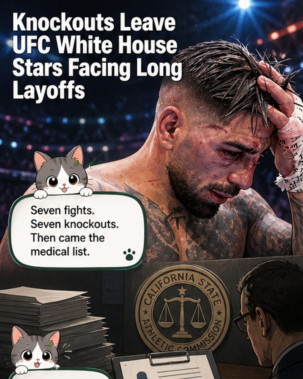 Illustrated panel showing UFC fighters Ilia Topuria, Alex Pereira, and Justin Gaethje with medical suspension timelines after the White House event.