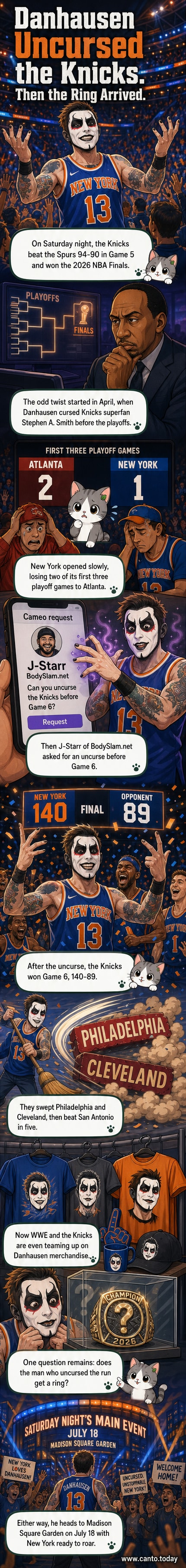 Danhausen, a WWE star in dark makeup and a hat, smiling beside a Knicks jersey with 'FOREVER UNCURSED' written on it.