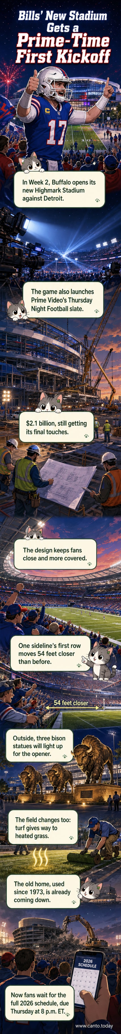 Illustration of the new Highmark Stadium with fans, lit bison statues, and a blue sky, highlighting the open-air design and close seating.