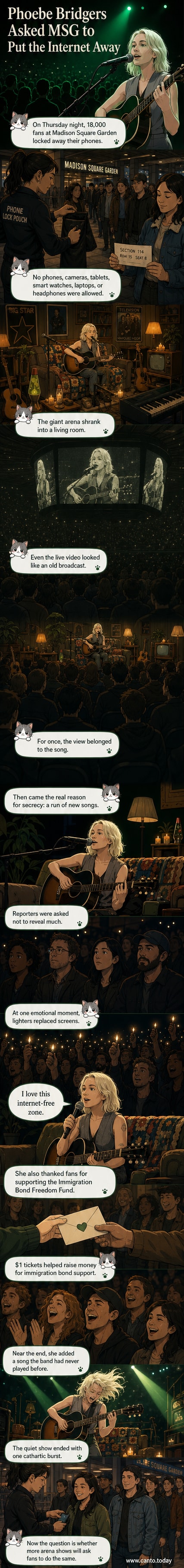 Phoebe Bridgers performs on a retro couch setup at Madison Square Garden, surrounded by vintage decor under dim stage lights, with no phones in sight.