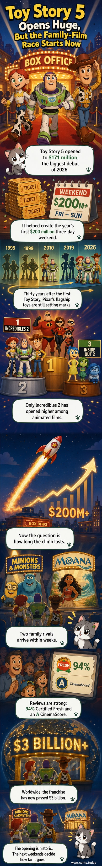 Toy Story 5 characters celebrate on a movie screen with box office numbers glowing in the background