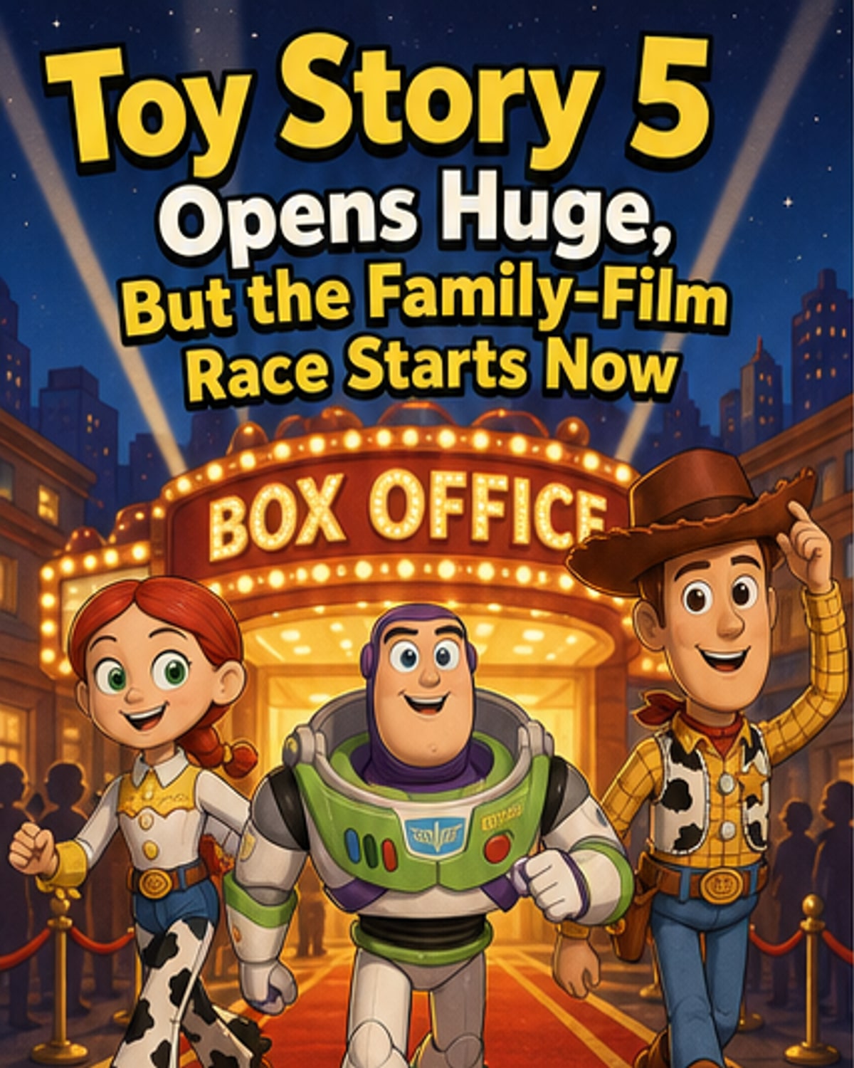 Toy Story 5 characters celebrate on a movie screen with box office numbers glowing in the background