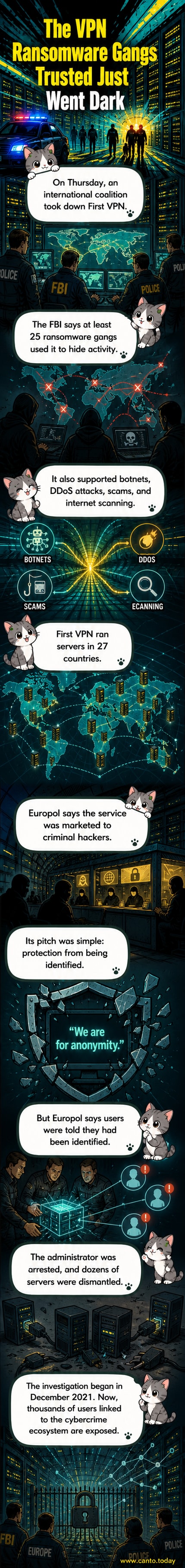 Illustration of a globe with digital locks breaking apart, symbolizing the takedown of a major cybercriminal VPN network.
