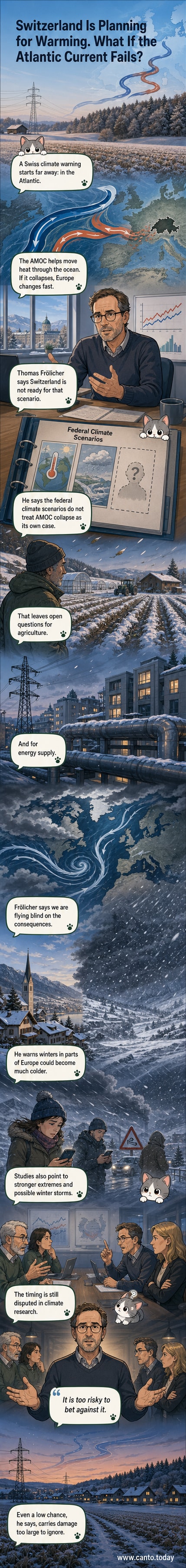 Illustration of a weakened Atlantic current with colder temperatures affecting Europe, showing snow-covered Swiss farmland and a person checking a climate data monitor.