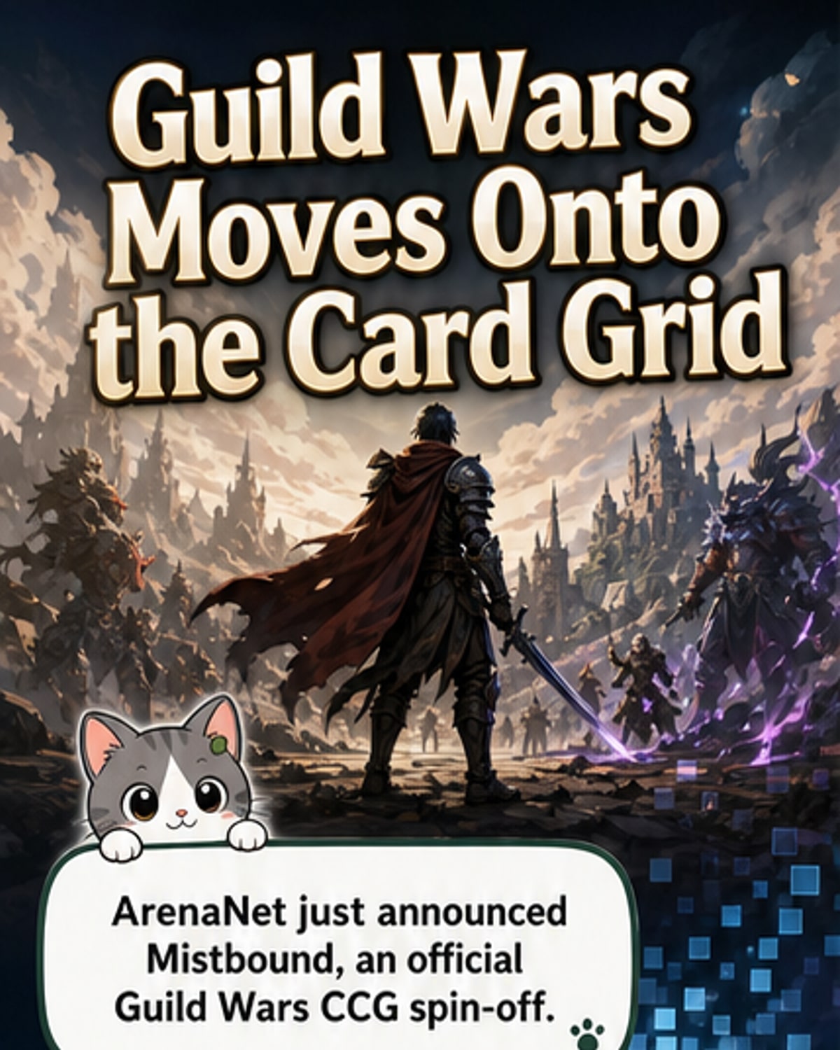 A digital card game screen showing a dynamic battlefield grid with animated characters from the Guild Wars universe, glowing runes, and tactical movement paths.