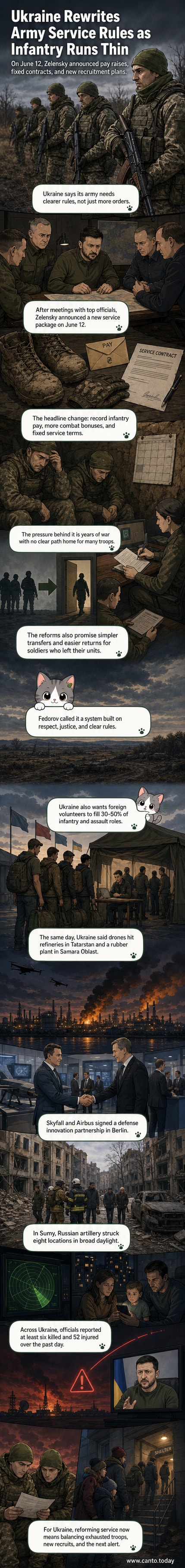 Illustration of Ukrainian soldiers receiving new contracts, with military leaders and drones in the background, symbolizing reform and ongoing conflict.