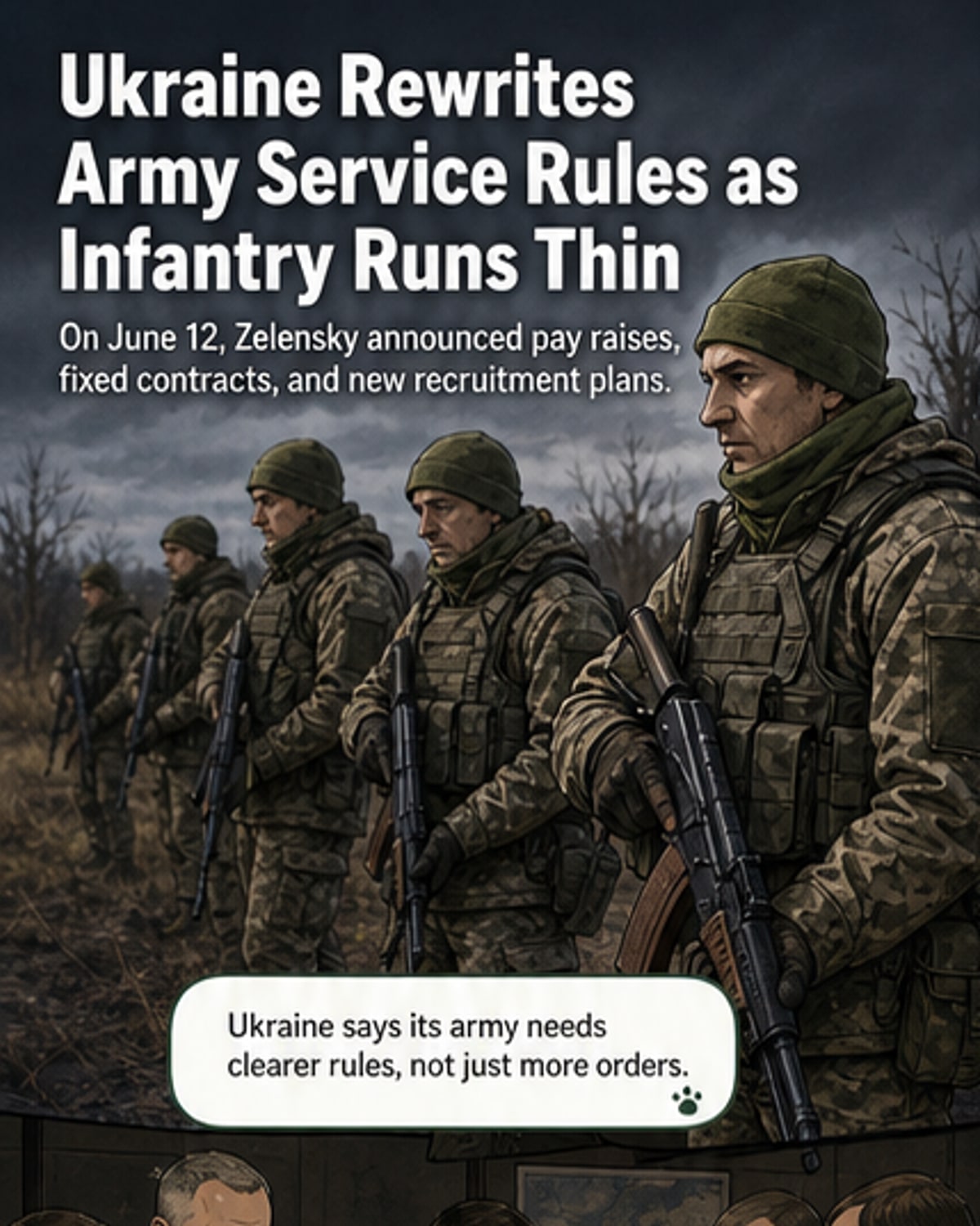 Illustration of Ukrainian soldiers receiving new contracts, with military leaders and drones in the background, symbolizing reform and ongoing conflict.