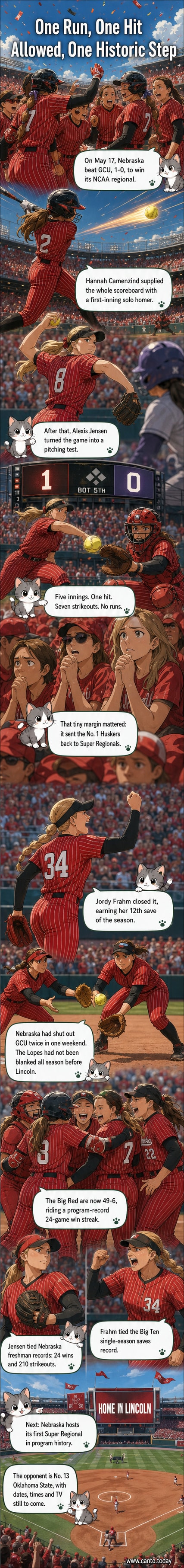 Nebraska softball players celebrate on the field after a 1-0 win, with pitcher Alexis Jensen in the foreground holding her glove high.