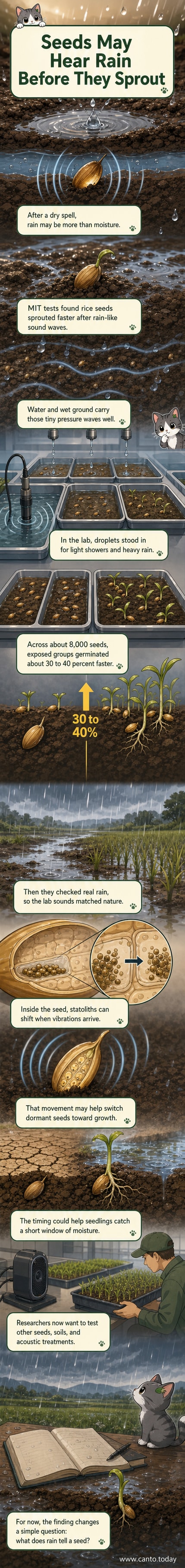 Illustration of a rice seed beneath water, with sound waves from a raindrop causing tiny statoliths inside the cell to vibrate, triggering germination.