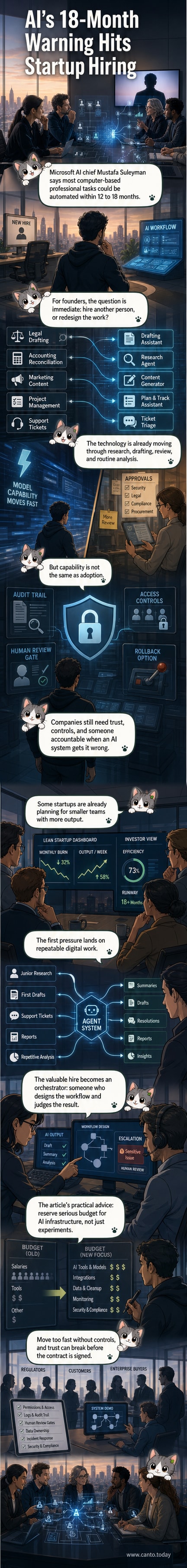 Illustration of a startup office where AI agents handle routine tasks while human workers oversee complex decisions and relationships.