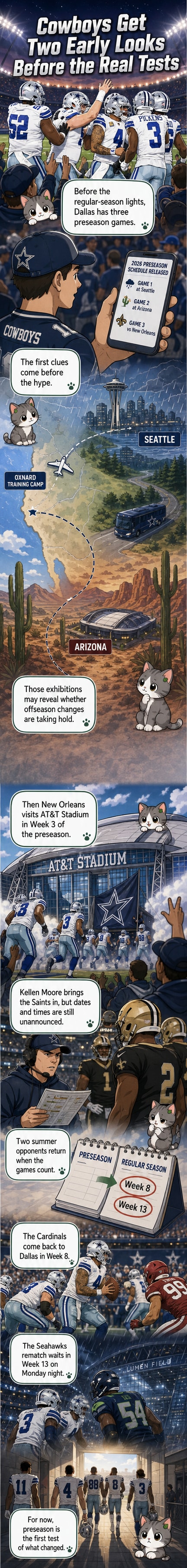 Illustration of a Dallas Cowboys player in preseason action against a Seattle Seahawks opponent under bright stadium lights, with a 'Preseason vs. Regular Season' timeline inset.