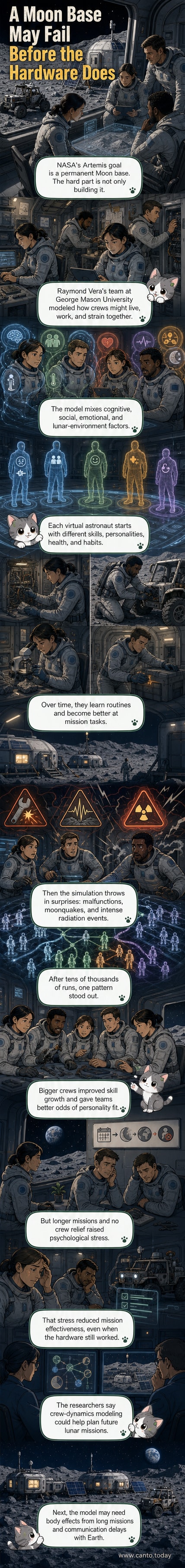 AI-generated image of a lunar base with astronauts and rovers under a domed habitat, set against the Moon's cratered surface and Earth in the sky.