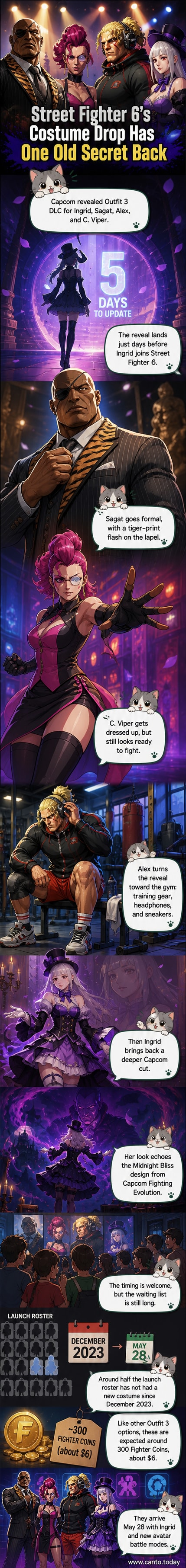 Four new Street Fighter 6 character costumes revealed: Sagat in a pinstripe suit, C. Viper in a pink dress, Alex in training gear, and Ingrid in a gothic lolita outfit with a top hat.