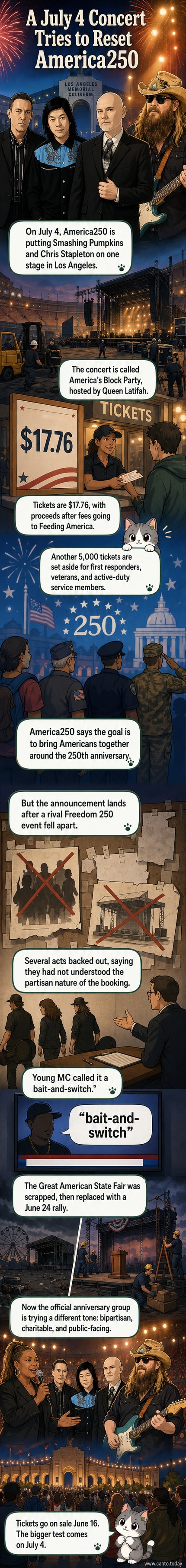 Illustration of Smashing Pumpkins and Chris Stapleton performing on stage at a July 4th concert, with American flags and a diverse crowd in the background.