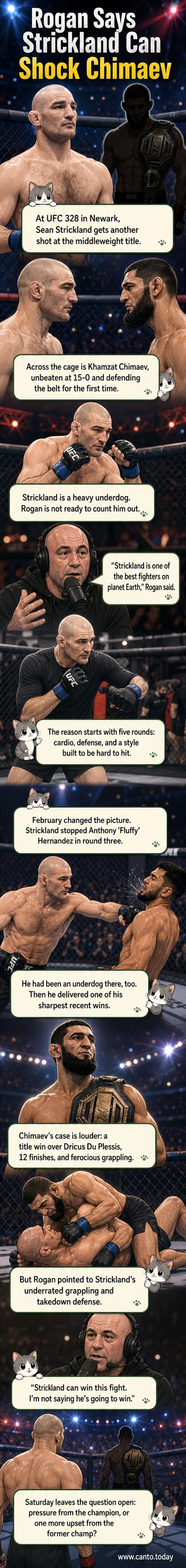 Two UFC fighters in the octagon, one raising a hand confidently while the other stands ready in a defensive stance, with crowd and arena lights in the background.