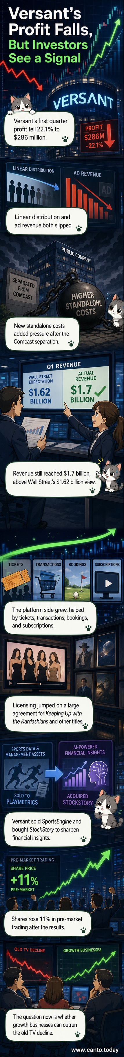 A split visual showing a downward-trending profit graph on one side and rising platform engagement icons on the other, representing Versant's mixed quarterly results.