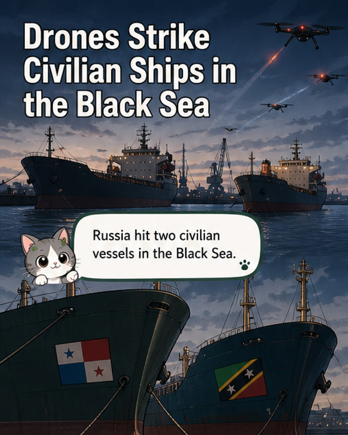 Illustration showing a drone strike near two cargo ships in the Black Sea, with emergency responders on scene and smoke rising from one vessel.