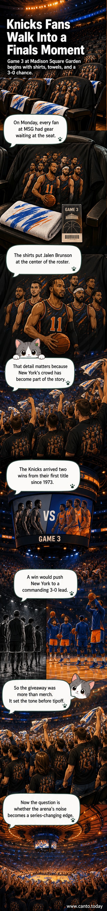 Fans at Madison Square Garden holding up commemorative Knicks shirts with Jalen Brunson's name and number on the front.
