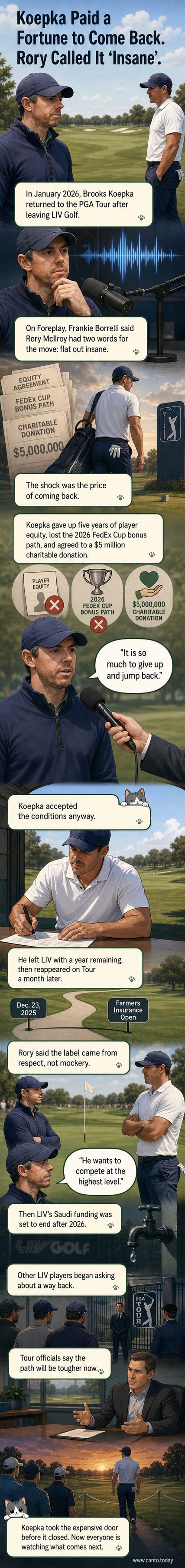 Illustrated panel showing Rory McIlroy and Brooks Koepka on opposite sides of a golf course, with financial figures and contract documents floating between them.
