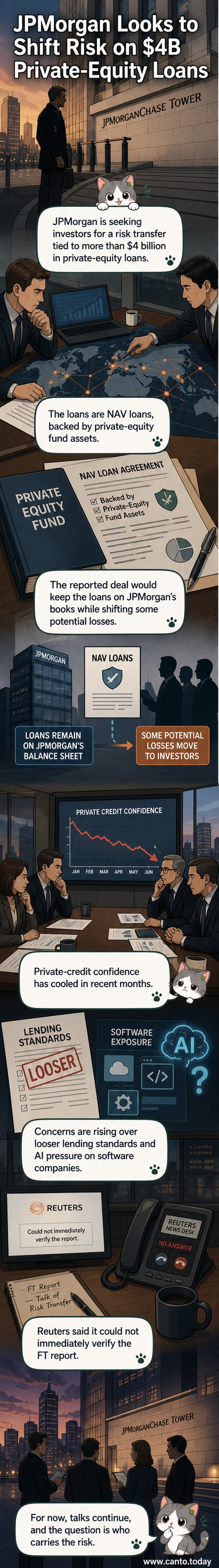 Illustration of a banker handing a heavy bag labeled 'risk' to an investor, with financial charts and loan documents in the background.