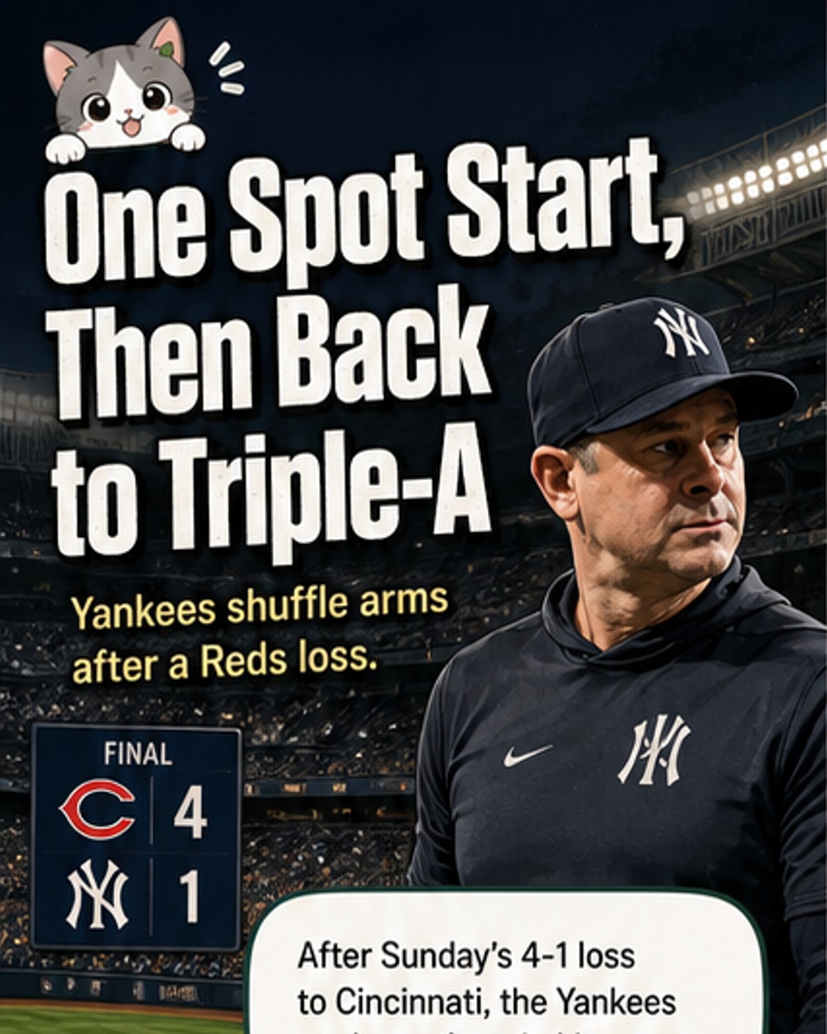 A young pitcher in Yankees uniform walks off the mound under stadium lights, with scoreboard showing a loss.