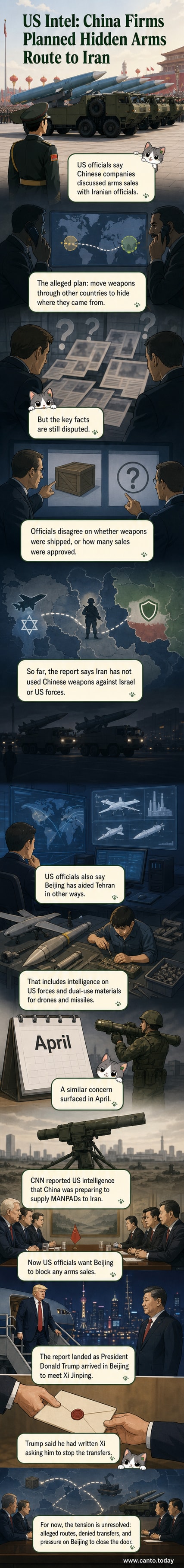 Illustration showing a shadowy arms shipment route from China to Iran via an African country, with intelligence reports and diplomatic letters in the background.