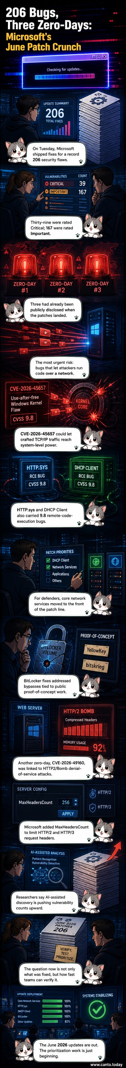 A digital lock breaks apart under streams of data, with 'CVE-2026' tags floating nearby and a red alert banner reading 'Patch Now'.