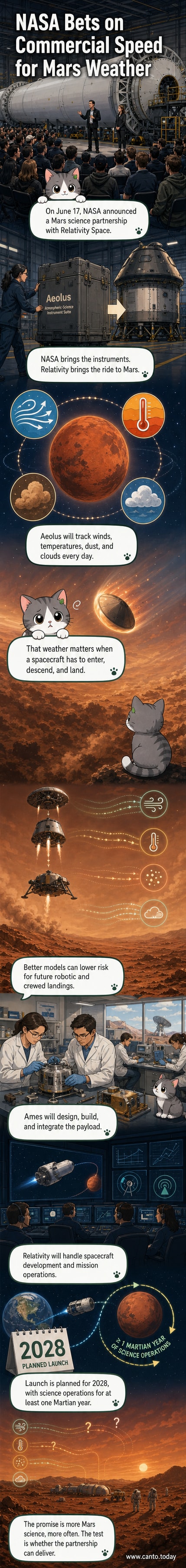 Illustration of a spacecraft orbiting Mars with scientific instruments scanning the planet's atmosphere, showing wind and dust data overlays.
