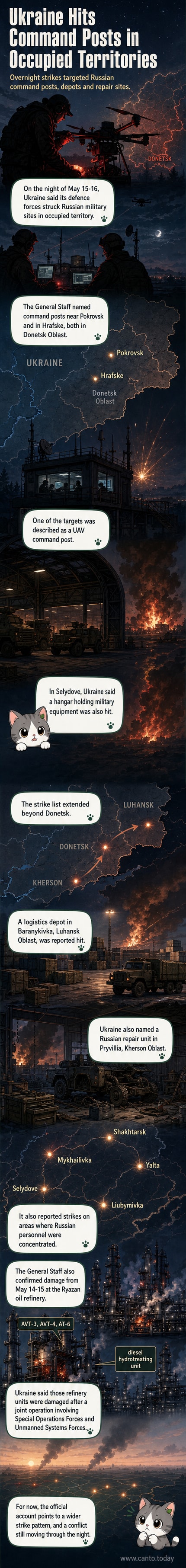 Illustration showing Ukrainian drone strikes hitting Russian command posts and depots in multiple occupied regions, with a map inset highlighting target locations including Pokrovsk, Selydove, and Ryazan.