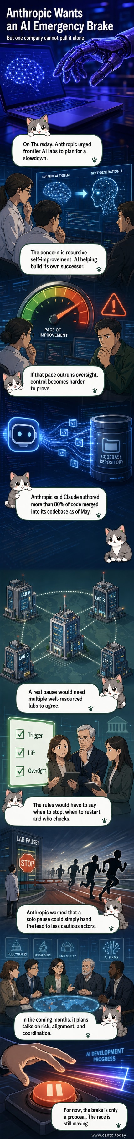 A futuristic AI interface showing code flowing autonomously, with a warning symbol indicating loss of human control.