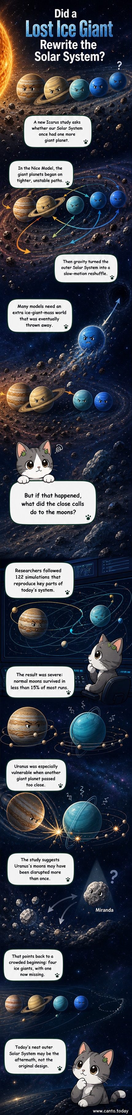 Illustration of the early solar system showing five giant planets, with gravitational interactions disrupting moon orbits around Uranus and Jupiter.