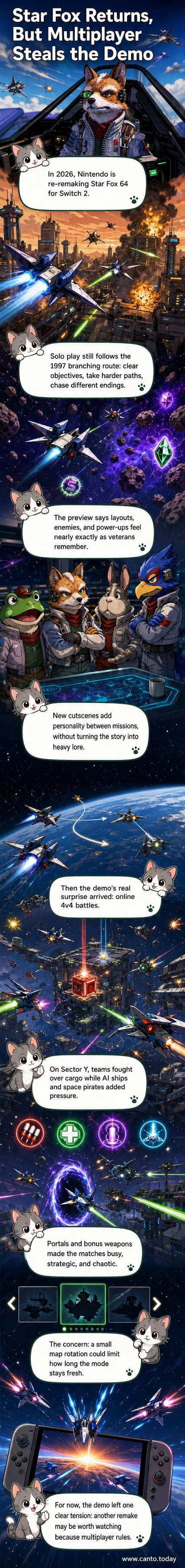 Fox McCloud pilots an Arwing fighter through a fiery asteroid belt in the new Star Fox remake for Nintendo Switch 2, with explosions and enemy ships in the background.