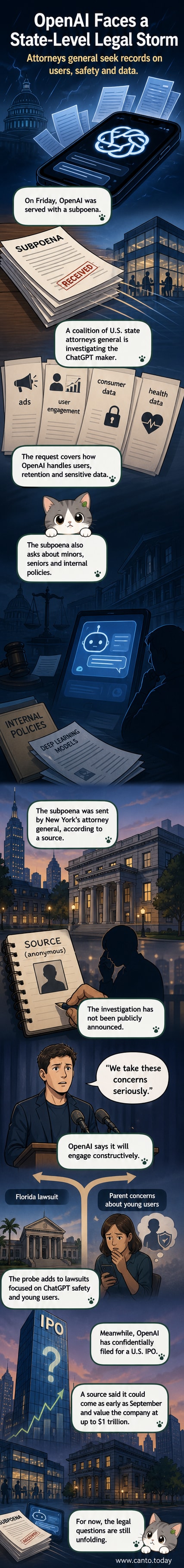 A stylized gavel overlaid on a glowing AI circuit pattern, with 'OpenAI' and 'Under Investigation' in bold text.